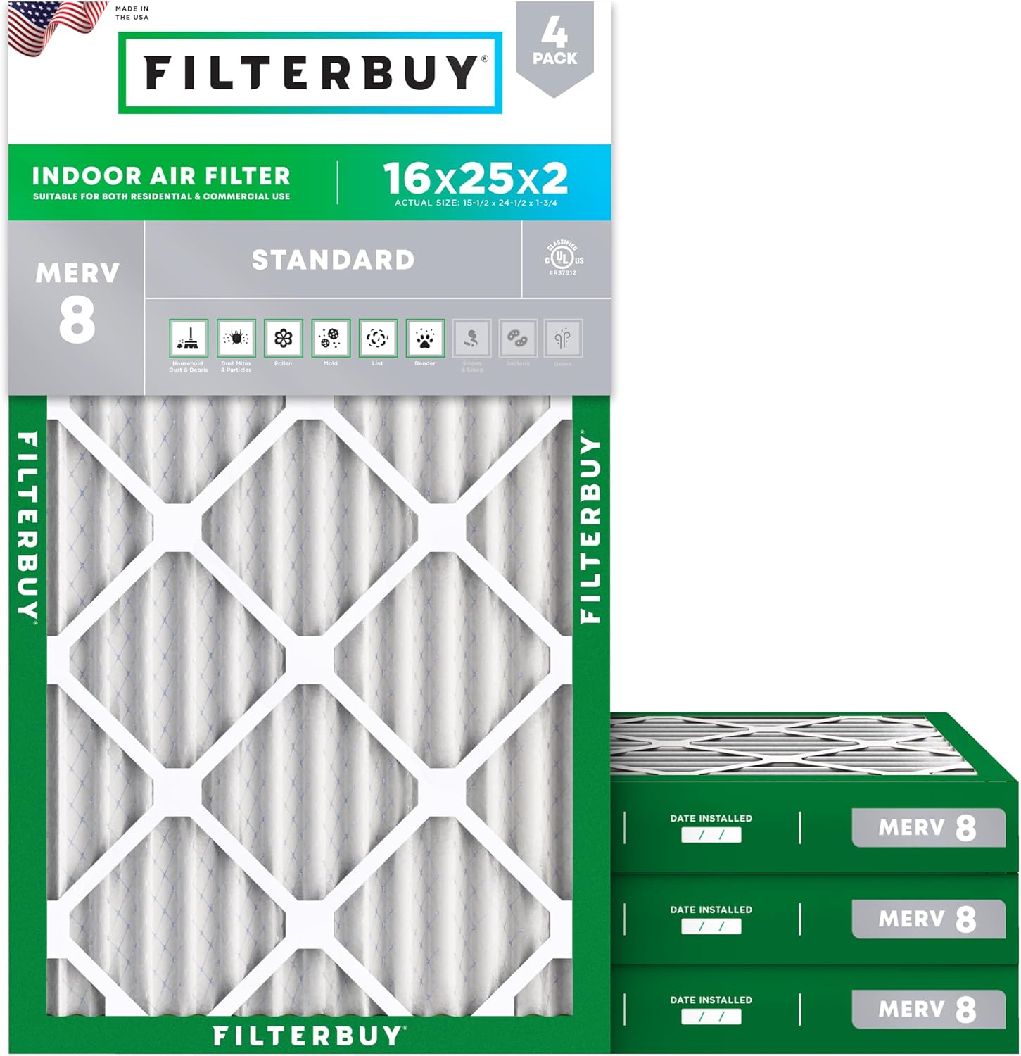 Filterbuy 16x25x2 MERV 8 Air Filter