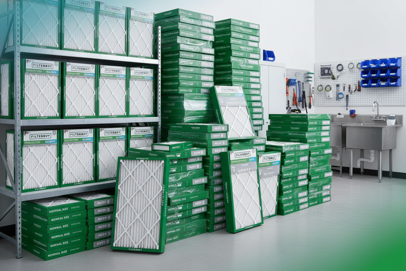 Stacks of Filterbuy 16x20x1 MERV 8 air filters in an organized commercial facility storage room.