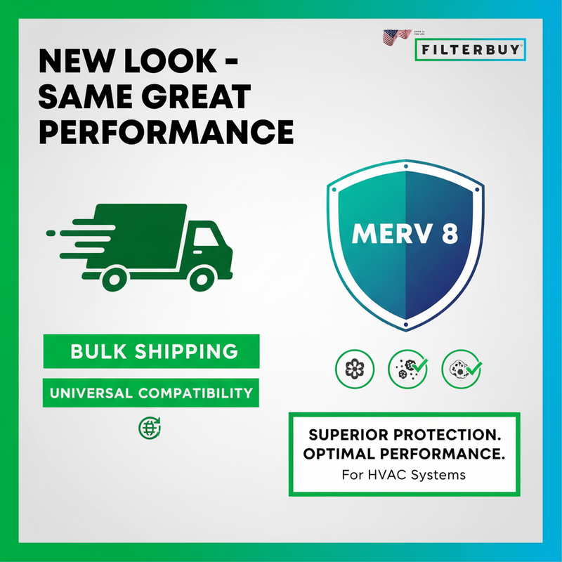 Stylized delivery truck icon on left, shield icon with 'MERV 8' on right, against a light gray background.
