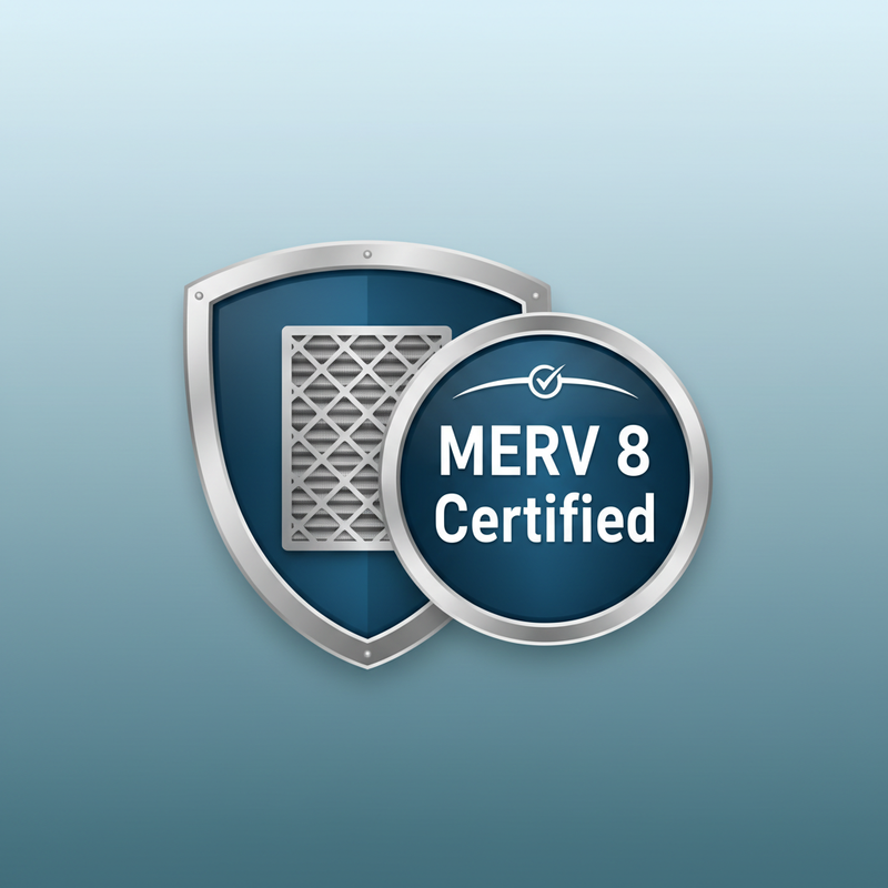 Stylized metallic shield icon on the left, a metallic 'MERV 8 Certified' badge on the right, against a cool-toned gradient ba